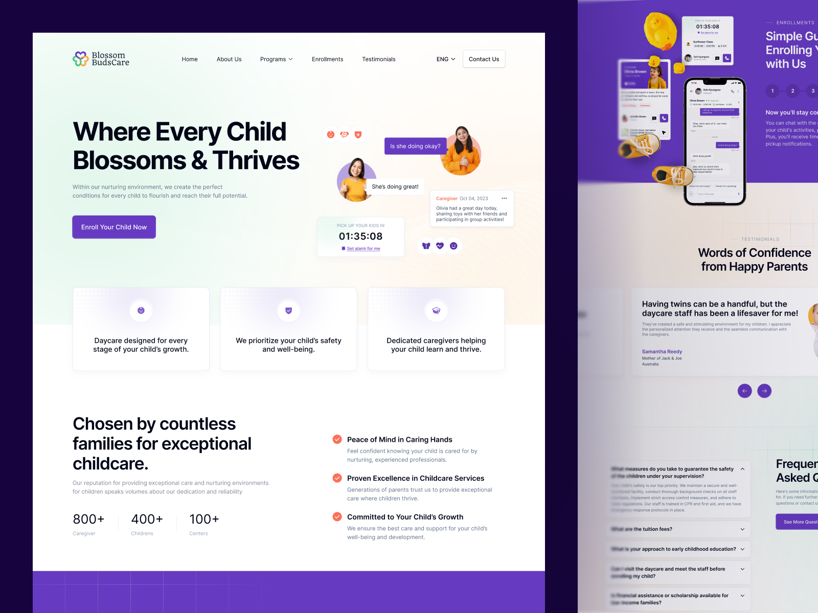 🌸 Blossom BudsCare • Daycare Landing Page animation bento grid caregiver children cta daycare daycare program design enrollments faq guide landing page service subtle gradient test testimonial ui ux web app web design