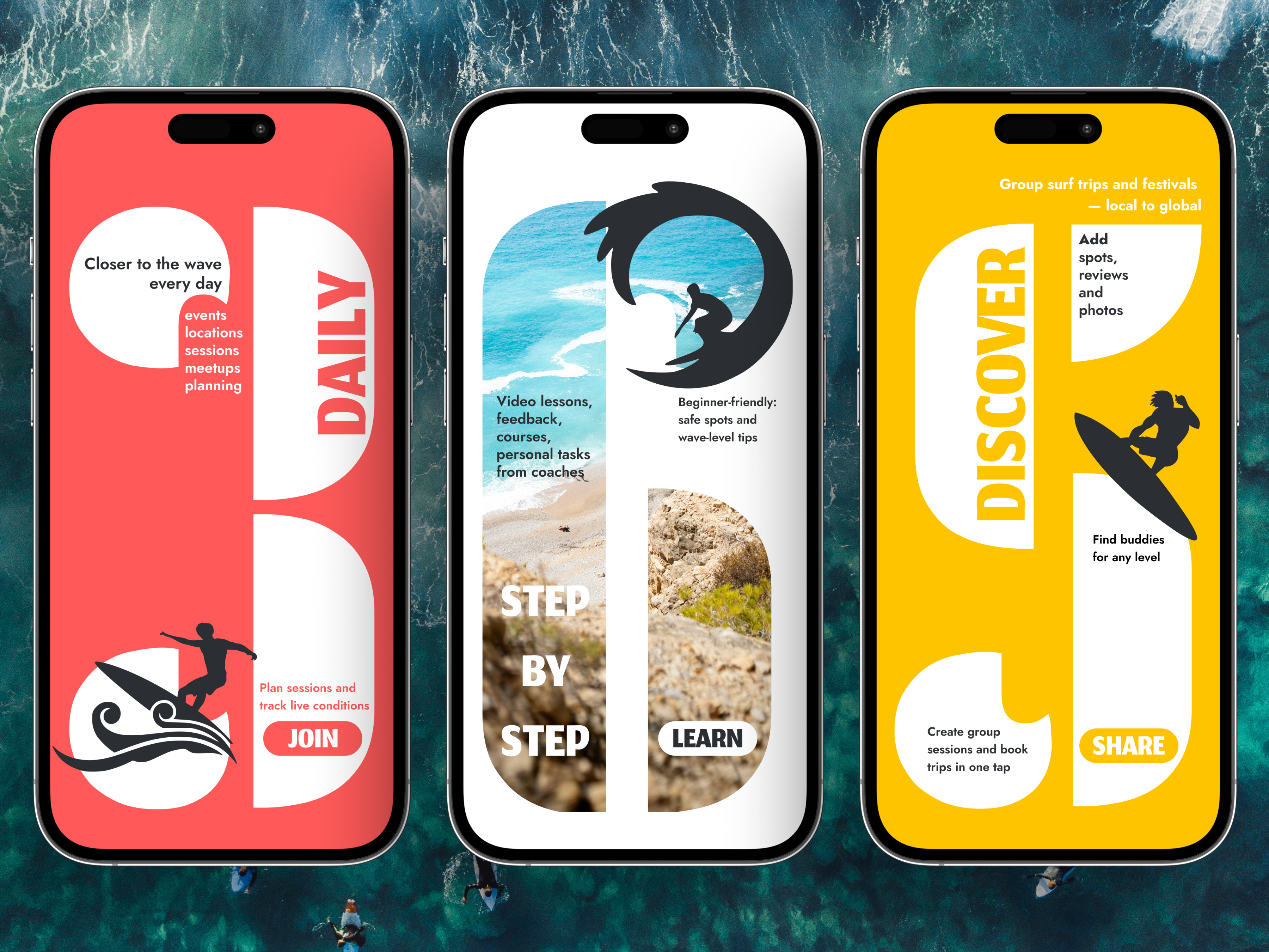 Sport Mobile App Design for Surfing Community app design branding extreme sport graphic design mobile app prototyping social app sport surfing ui ux