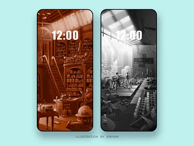 Old library / Morning Gym Scene illustration books environment exercise fitness gym health healthy illustration knowledge landscape illustration library lifestyle training vintage wallpaper web workout