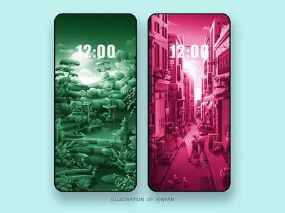 Zen garden / City life Scene illustration adventure architecture building city environment garden illustration japanese landscape illustration mountain nature outdoor serenity street travel urban vector wallpaper web