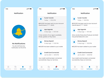 Notification Screens design empty state financial app fintech mobile app mobile design notification notification screens ui ui design ux ux design