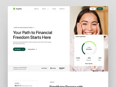 Financial Consulting Home Landing Page UI - TrustFin accounting advisor animation consulting corporate finance financial fintech investment landing page ui web website