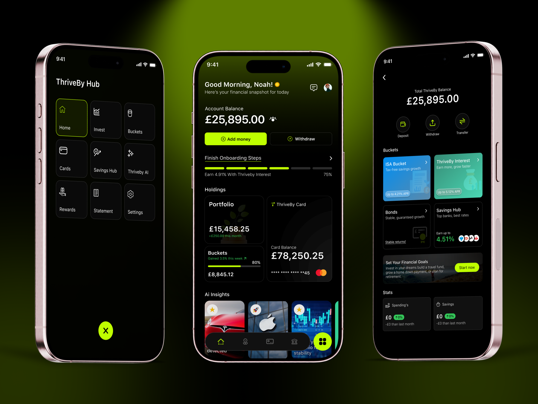 Thriveby - Fintech Money Savings App dark mode dark ui earning app fintech fintech app fintech investment fintech ui marketplace mobile app stocks market ui