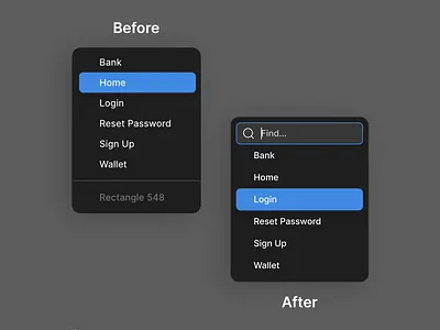 Redesigning Figma’s Prototyping Menu card dark dark mode drop down figma find hover menu nav navigation product design search select ui ux