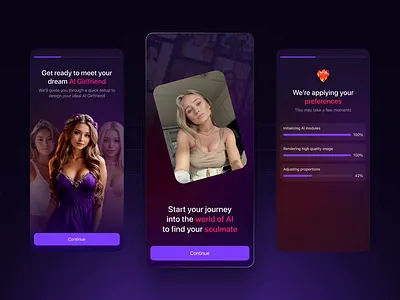 Onboarding into AI world ai characters animation dating mobile onboarding splash ui ux