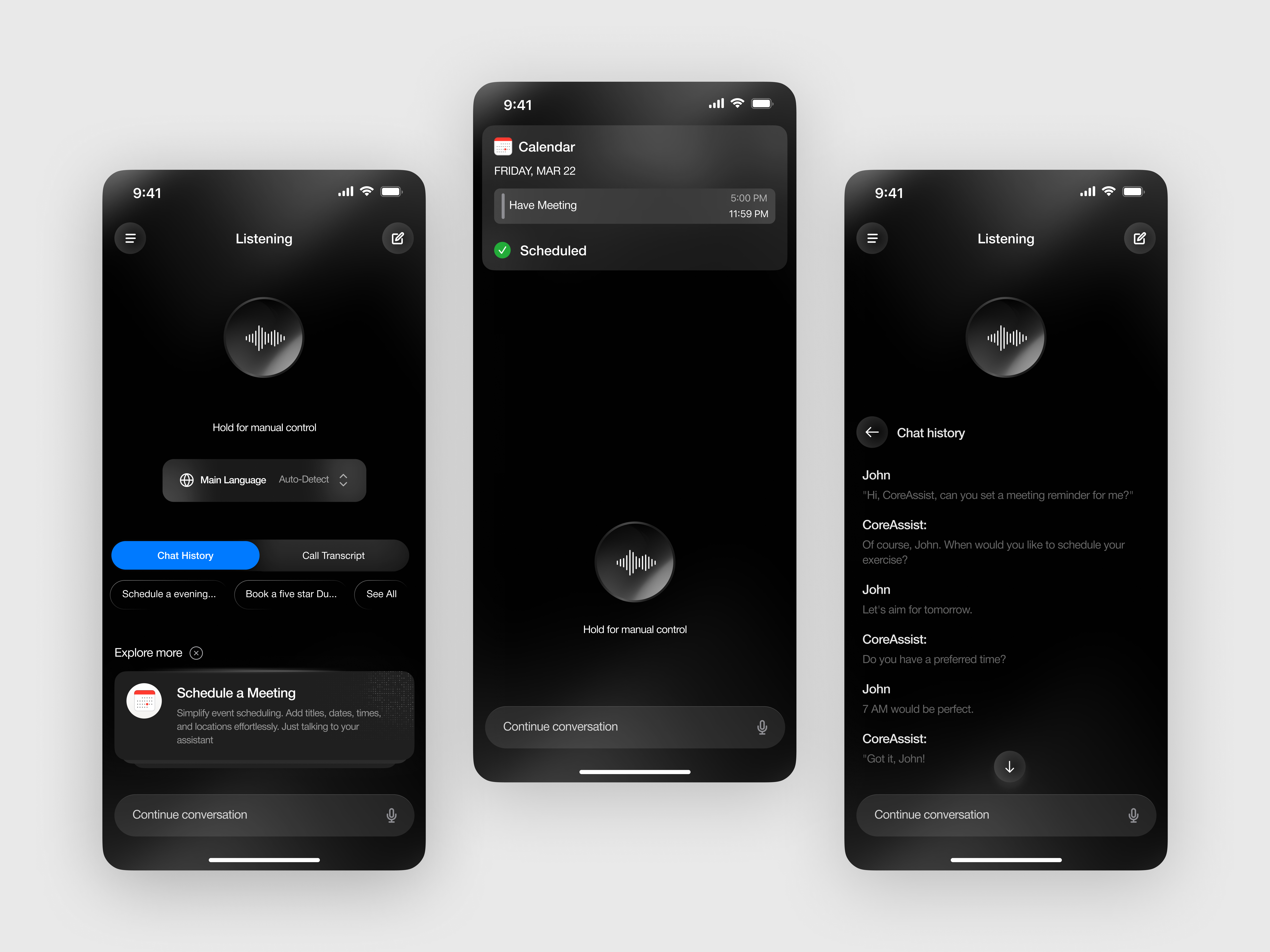 AI Voice Assistant - CoreAssist App Design ai assistant ai voice ai voice assistant app app design app interface artifical intelegence ios app mobile mobile app mobile app design mobile ui product design saas uiux voice assistant voice assistant app