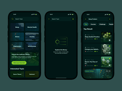 Leafcare app sleep search flow ai to challenge app anxiety app burnout solve app health app interface design journal app leafcare app meditation app mental health app mind body care app product design sleep problem app wellnees platfrom app