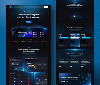 Flowing Seamless Automation Landing Page automation blue dark ui dark dark design data automation homepage landing page modern saas saas dashboard homepage saas ui ui design