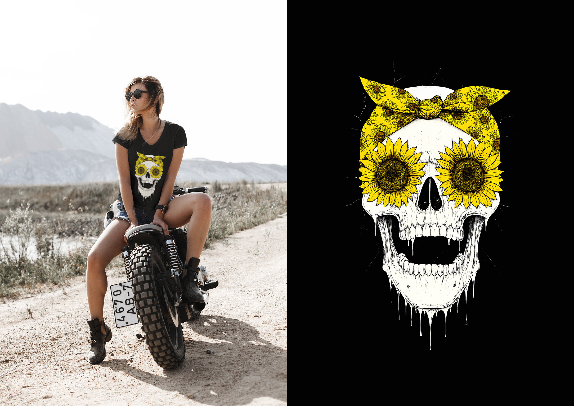 Skull Sunflower Illustration — Apparel Context Mockup graphic design print design shirt tee