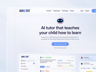 Axiom. AI tutor web-app. Landing page 3d ai artificial intelligence benefits chart chat gpt dashboard feed free trial landing [age mascot open ai payment pricing reviews study subscription teacher tutor web app