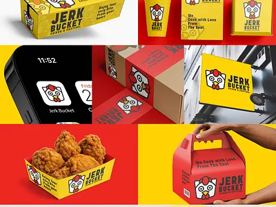 Jerk Bucket logo and branding design brand guideline brand identity brand logo branding chicken logo custom logo design food logo graphic design illustration jerk bucket logo logo logo design mascot logo minimalistic modern logo
