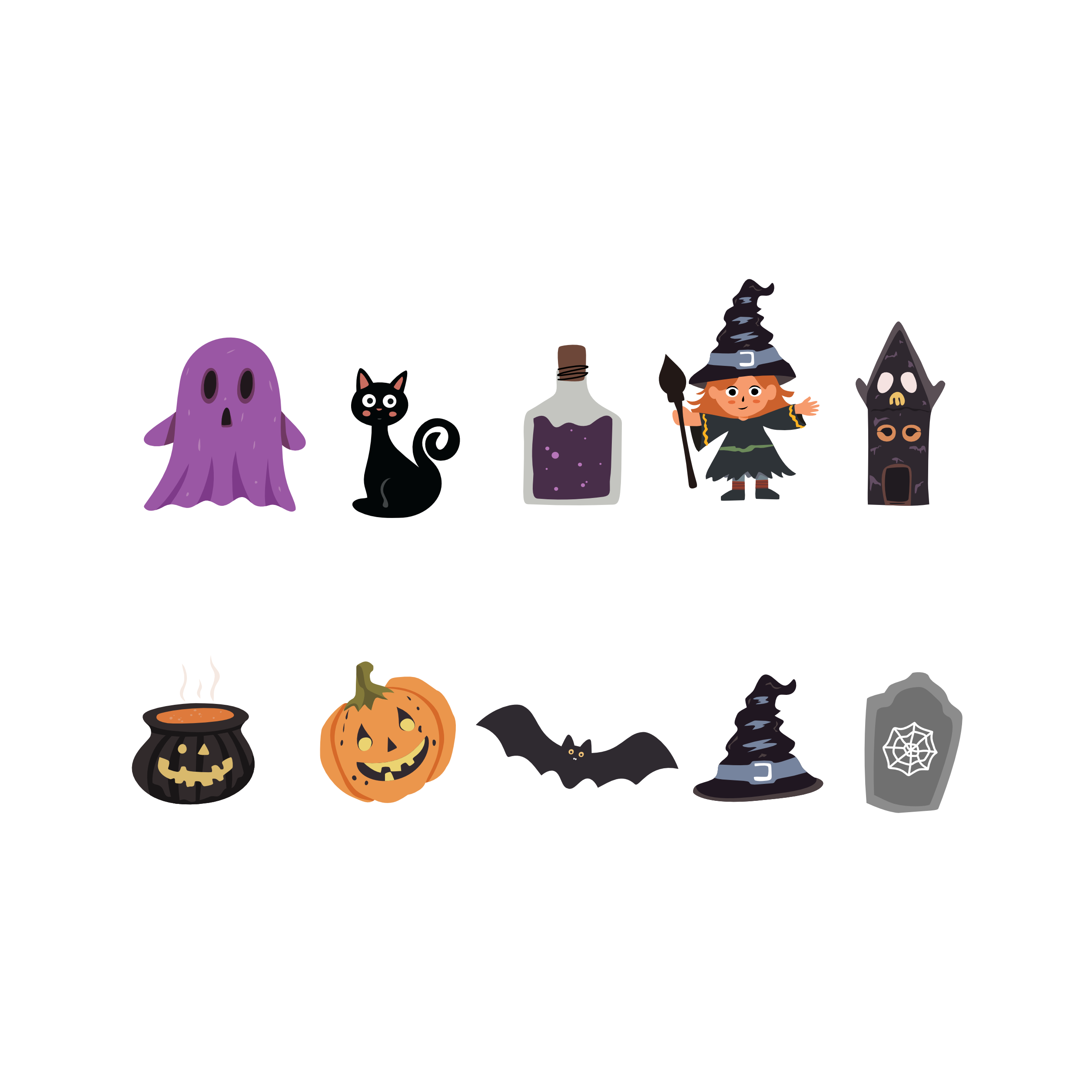 Cute Halloween Icon Set – Witch, Ghost, Pumpkin & Spooky Element illustration night