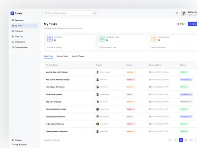 Taskly : My Tasks Page Design cleanui dashboard design dashboardui minimaldesign modernui my tasks productivityapp productivitytool projectmanagement remoteteam saas saasdashboard task web app taskly taskmanagement teamworkspace uidesign uiux web app webapp