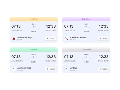 Flight Tracking Cards • VisionUI app card ui cards cards design design flight flight status flight tracking flight tracking app light mode mobile app ui ui design uiux uiux design ux design vision ui visionui