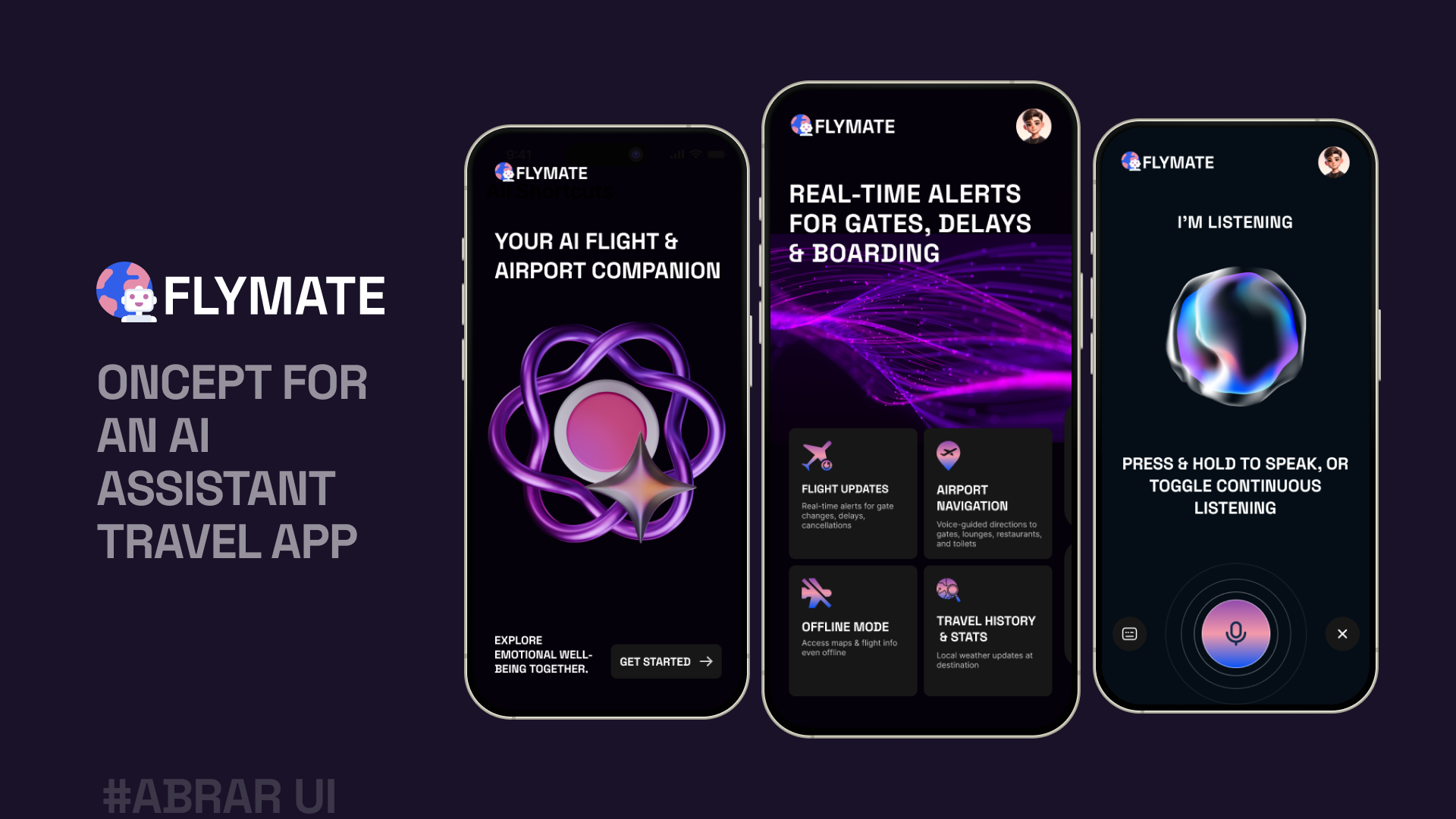 concept for an AI Assistant Travel App ai agent ai app ai app ui ai design ai ui agent dark ui darkmode ui modern app design travel ai travel ai agent travel ui