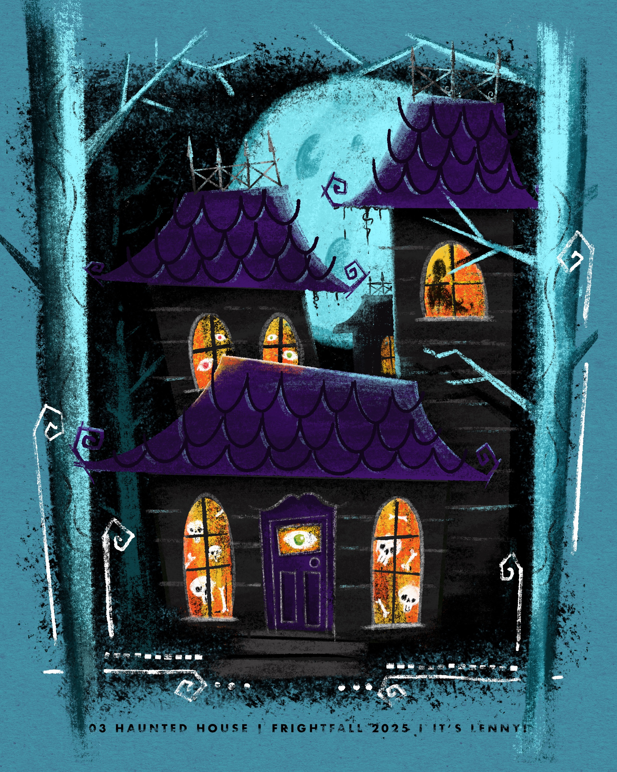 Fright Fall 2025 • 03 HAUNTED HOUSE eyes full moon haunted house illustration mid century modern procreate retro skulls spooky vintage