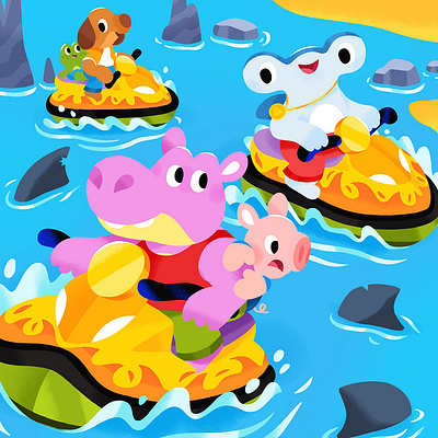 Jet skis, good friends, and... wait, are those SHARKS!? app branding design graphic design illustration logo typography ui ux vector