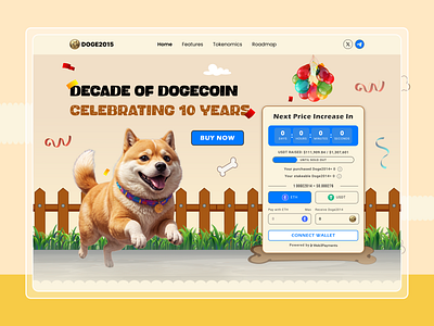 Dogecoin Anniversary Presale Landing Page UI cryptoanniversary cryptowebdesign dogecoinui landingpage meme meme coin memecoinui presale presale landing page tokenlaunchpage web3design