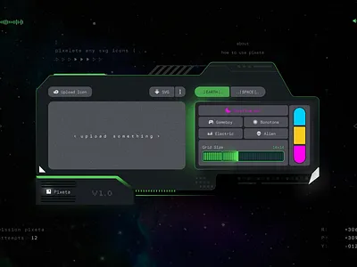 pixeta.space- A gamified SVG to pixelated icon generator app dark futuristic game ui icon app icon editor modern ui movie ui pixeta space svg editor ui