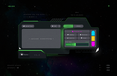 pixeta.space- A gamified SVG to pixelated icon generator app dark futuristic game ui icon app icon editor modern ui movie ui pixeta space svg editor ui