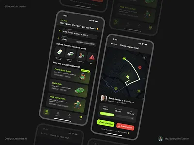 App UI design | Ride Sharing App for Tipsy Users app ui dark theme figma futuristic green theme high fidelity map minimal mobile app modern ui navigation app ride sharing tipsy user app uber ui ui design ux wireframe