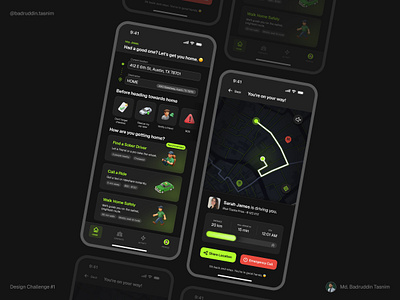 App UI design | Ride Sharing App for Tipsy Users app ui dark theme figma futuristic green theme high fidelity map minimal mobile app modern ui navigation app ride sharing tipsy user app uber ui ui design ux wireframe