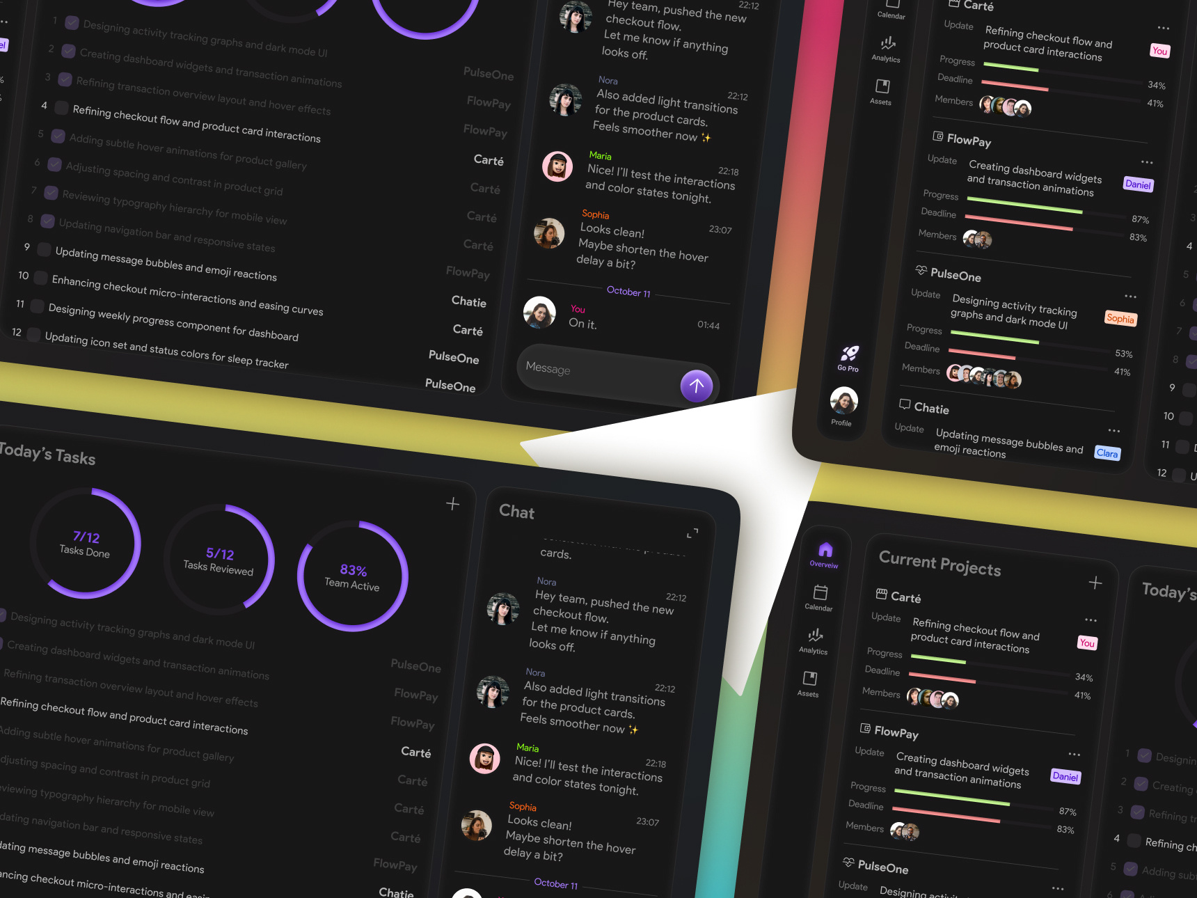 Daily Dashboard – Dark & Light Concept Design chat interface clean design concept design daily dashboard dark mode dashboard ui designer workspace light mode minimal interface modern ui premium design product design productivity app project management purple aesthetic task tracking ui uiux design user experience workspace design