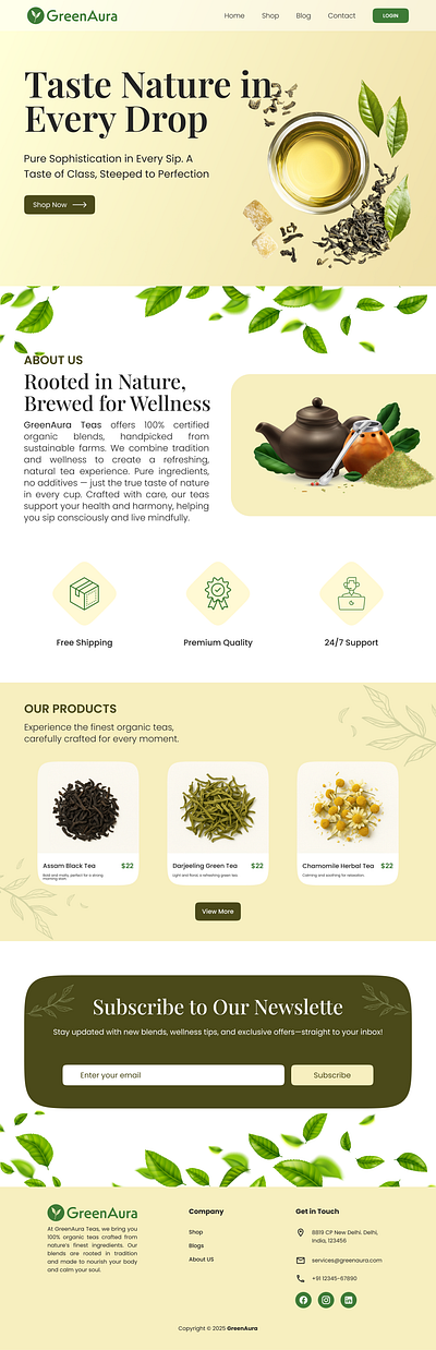 Green Aura — Organic Tea Brand Website UI branding designinspiration figmadesign homepageui natureinspired organictea teabrand ui uidesign webdesign