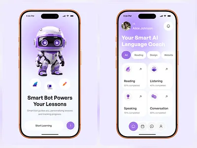Smart AI Language Learning App UI Design ai app ai chatbot ui ai powered app app design edtech app education app language app language learning app mobile mobile app study app ui design voice learning app