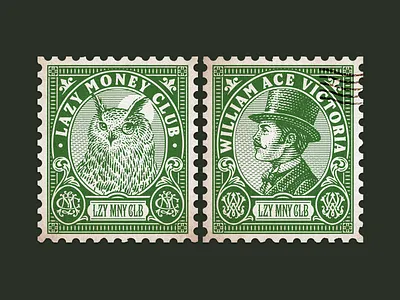 Lazy Money Club - Stamps branding design drawing engraving gentleman graphic design illustration owl portrait post stamp victorian vintage