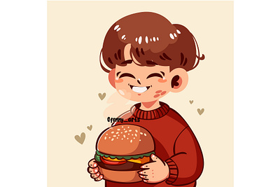 Cartoon Boy Happily Holding Burger burger cheeseburger cuisine culinary delicious eating fast food fries gourmet hamburger hotdog meal menu restaurant sandwich slice snack takeaway tasty