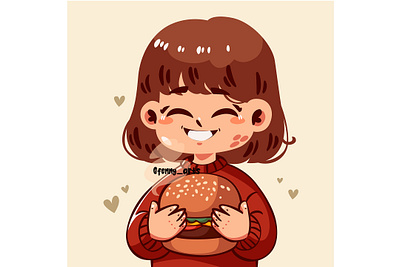 Cartoon Girl Happily Holding Burger burger cheeseburger cuisine culinary delicious eating fast food fries gourmet hamburger hotdog meal menu restaurant sandwich slice snack takeaway tasty