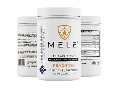 Mele Dietary Supplement Label Design 3 in 1 elite formula dietary supplement focus hydration mele mele 3 in 1 peach tea supplement supplement label supplement label design