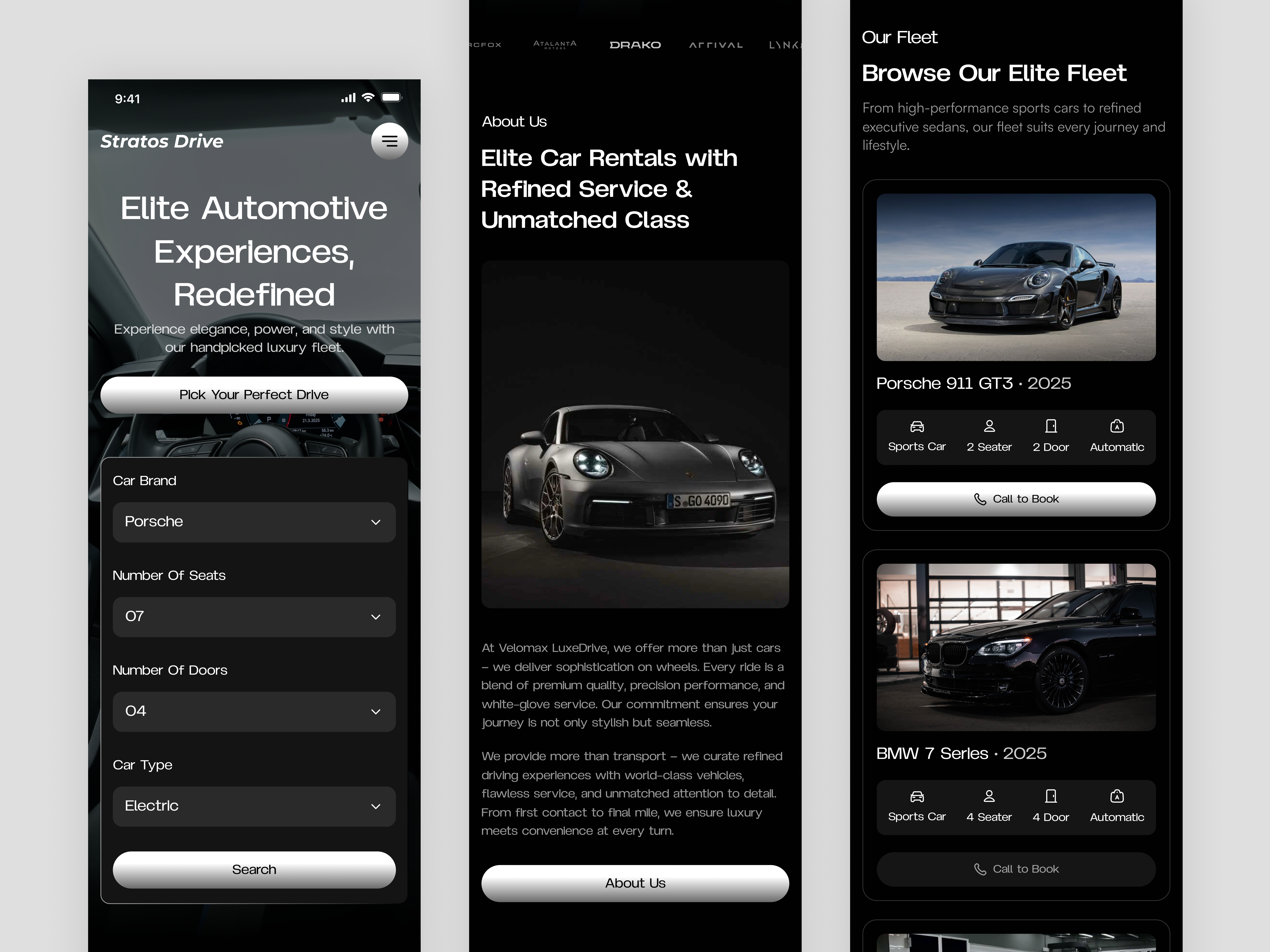Stratos Drive — Premium Car Rental Responsive app design booking booking car car landing page car rental car ui clen ui dark ui drive landing page responsive mobile ui modern design rent responsive ui ux website design