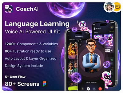 AI Language Learning & Speaking Coach UI Kit - CoachAI ai learning animation coach ai english english learning figma illustration language learning ui ui kit user flow ux ui voice ai