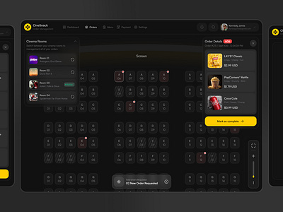 CineSnack Dashboard – Real-Time Cinema Snack Management 🍿 booking concept dark theme dark ui dashboard food order seat snacks ui design