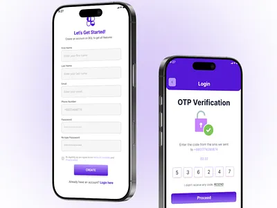 Bold Purple Mobile App Sign-up & SMS OTP Flow adobe app app redesign design figma flow login minimal otp signup ui ux verification xd