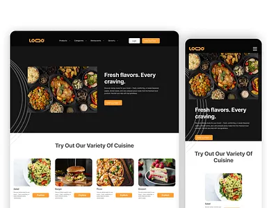 Fully Responsive Dark Mode Food Delivery Landing Page UI app redesign autolayout bento dark figma food framer layout grid mode responsive ui userflow ux xd