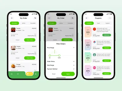 Smart - Grocery Mobile App UI/UX coupons page ecommerce app filter orders page food grocery app ios minimal design mobile mobile app modern ui my order page online shopping product details retail app shopping app ui app uidesign uiux user interface