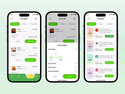 Smart - Grocery Mobile App UI/UX coupons page ecommerce app filter orders page food grocery app ios minimal design mobile mobile app modern ui my order page online shopping product details retail app shopping app ui app uidesign uiux user interface