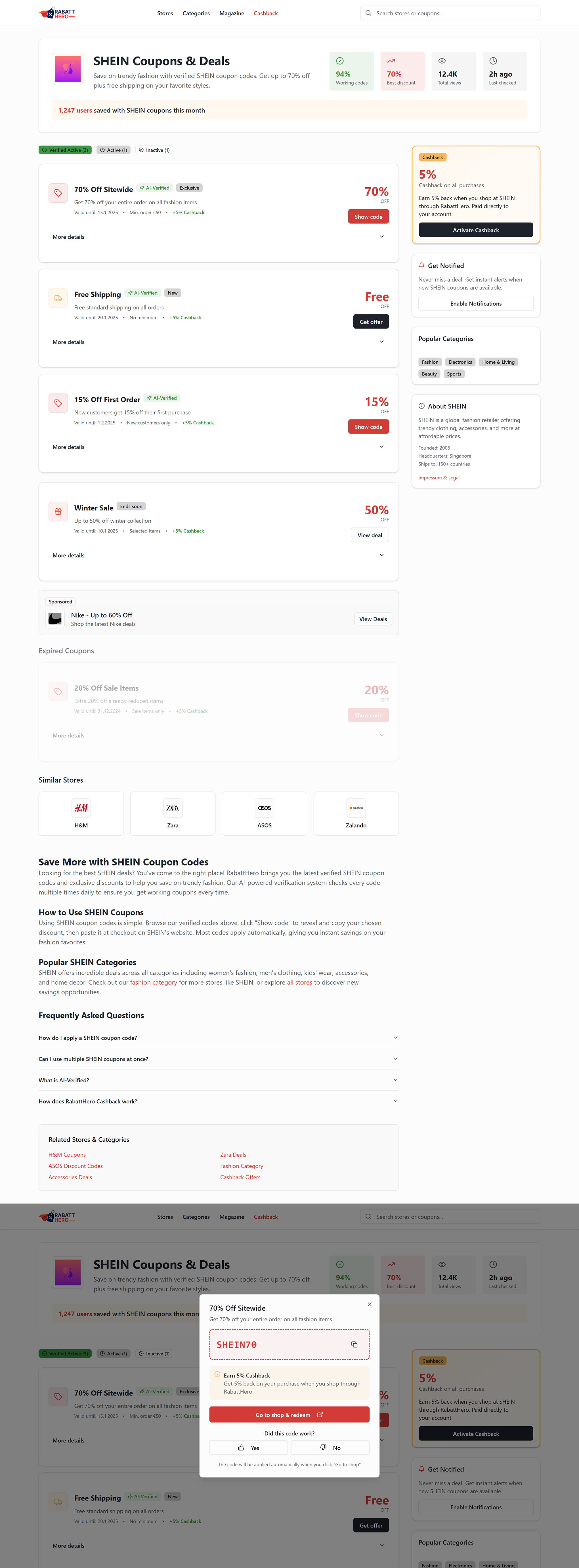 Coupon & Cashback Platform | Conversion-Optimized Deal Page coupon deal design discount figma shein ui ux web design website website design