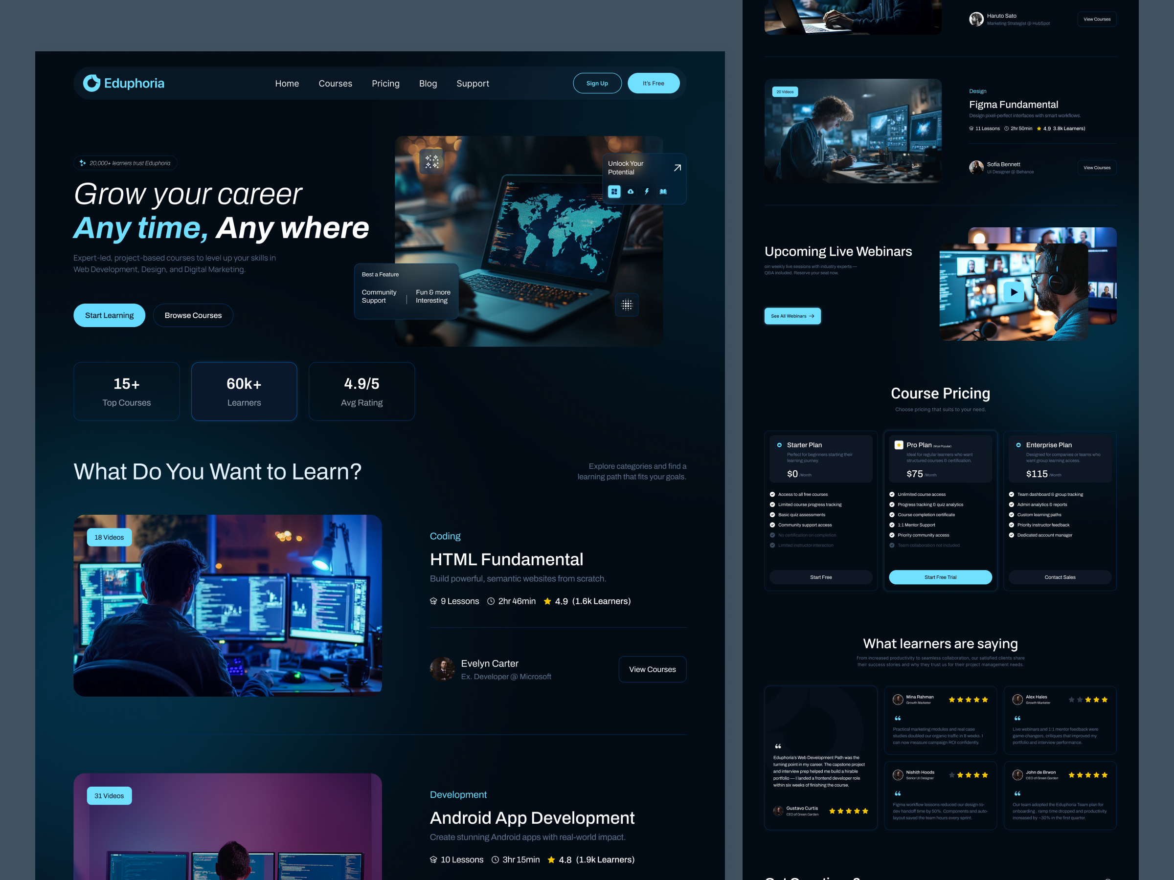 Eduphoria — Modern E-Learning Platform UI (Dark Mode) clean design course website dark mode e learning education landing page modern ui online learning product design responsive ui ux web design