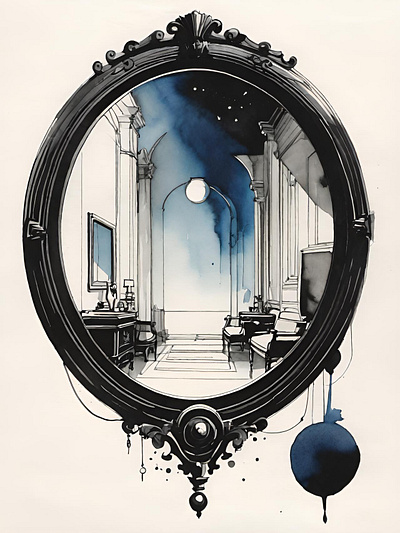 The Silent Hall abstract dreamscape fine illustration mirror moody mysterious reflection surreal watercolor