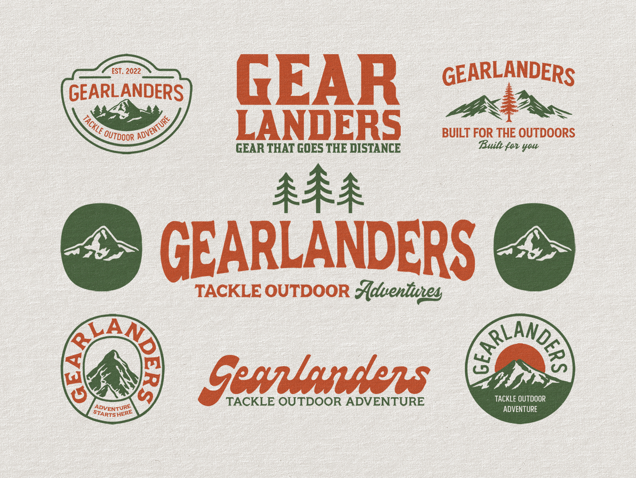 Gearlanders Outdoor Adventure Branding badge design badge logo badge logo design brand identity branding design geometric graphic design illustration line line logo lineart logo monoline mountain mountain logo outdoor tree