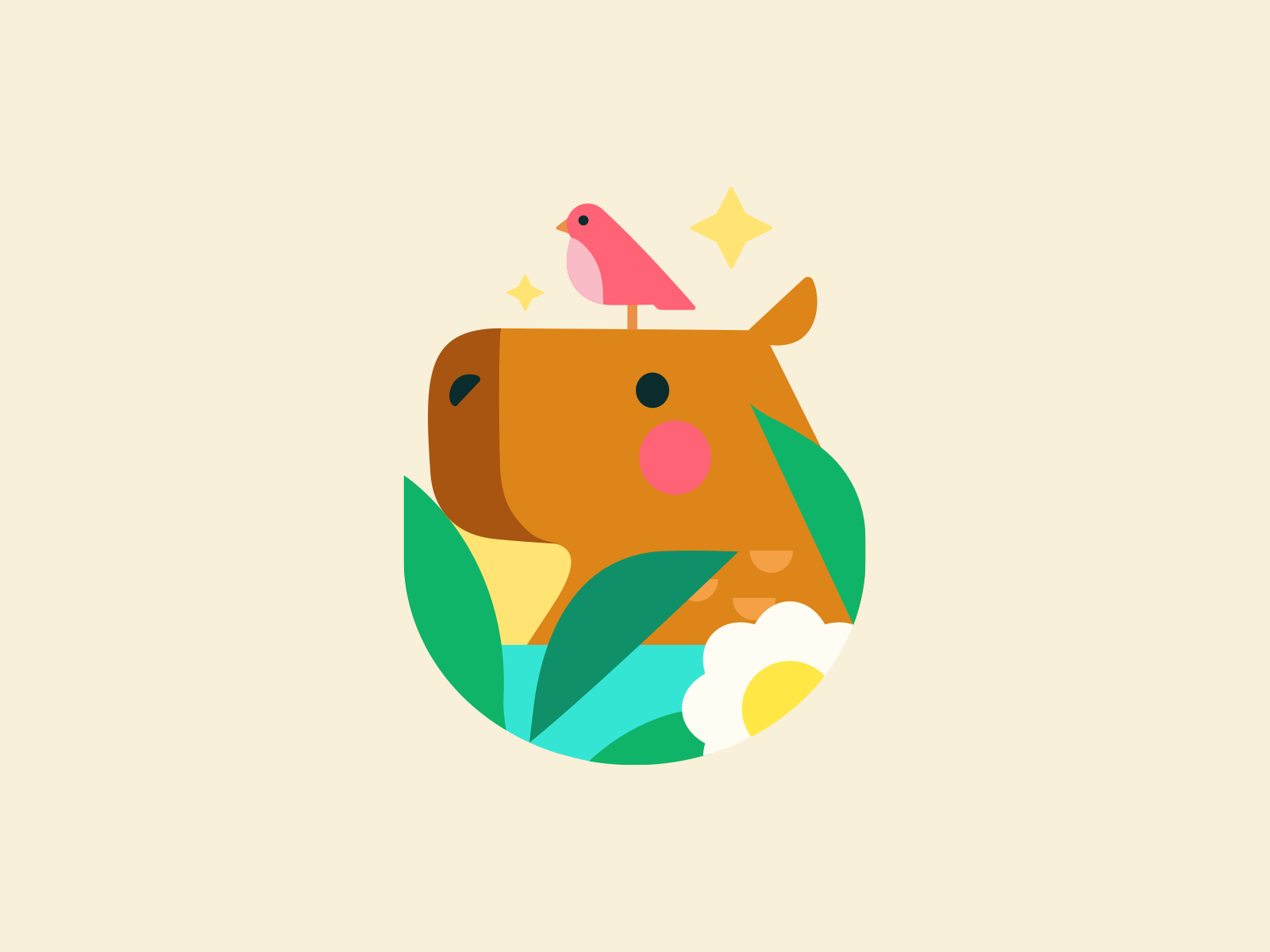 Capybara logo animal branding capibara capybara logo cartoon colorful cute design exploration flat flower geometric identity illustration leafs logo modern nature simple stars