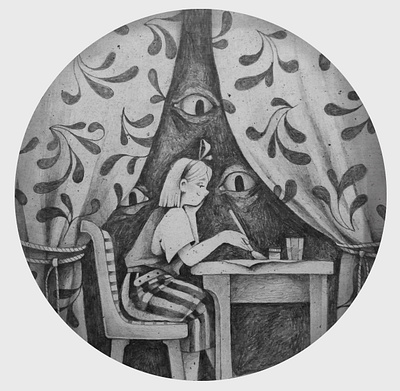 The watcher autumn black and white cartoon character girl halloween horror illustration painter pattern pencil retro scary sketchbook spooky style texture vintage window