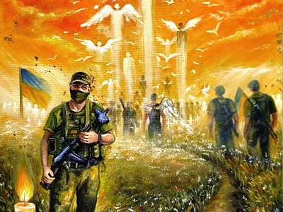 Original Acrylic Painting of Ukrainian Soldiers and Angels, art hand painted handmade memory gift military paint painting soldier ukraine war
