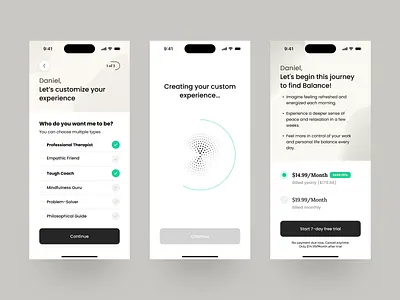 AI Mental Health App – Onboarding Flow account registration ai loader ai loading ai onboarding ai pal ai pricing mental heatlh mobile account mobile onboarding mobile pricing mobile registration onboarding premium ai design profile setup questionnaire registration subscription pricong ui ux