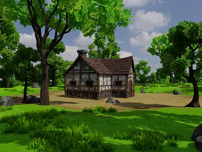 Medieval House 3 With Environment 3D model 3d 3dartwork 3dmodel art blender3d building conceptart environment exterior forest game grass house landscape lowpoly medieval nature render rocks