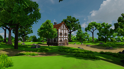 Medieval House 4 With Environment 3D model 3d 3dartwork 3dmodel art blender3d building conceptart environment exterior flower forest game graphic design grass house landscape lowpoly medieval render rocks
